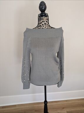 Off-Shoulder Gray Pearl-Accent Sweater